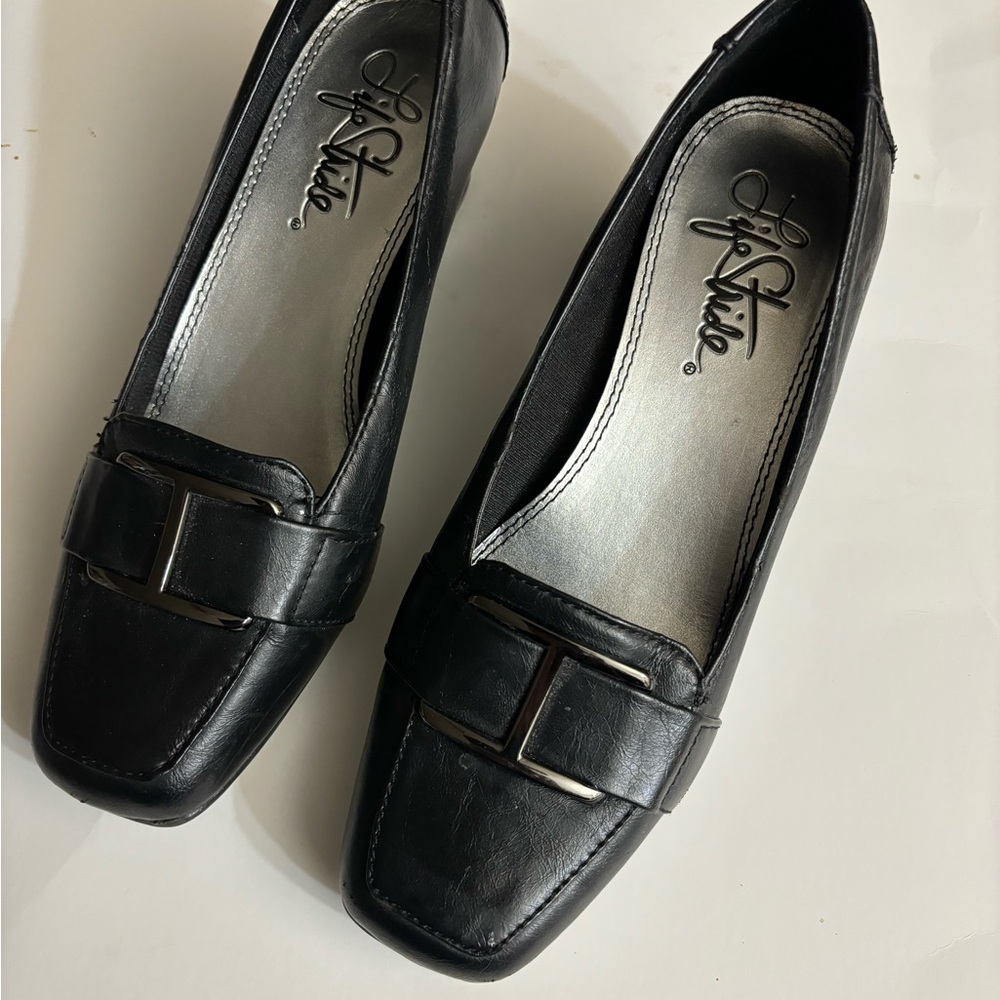 Life Stride Black Leather Slip-On Loafers with Buckle Accent and Size 7M